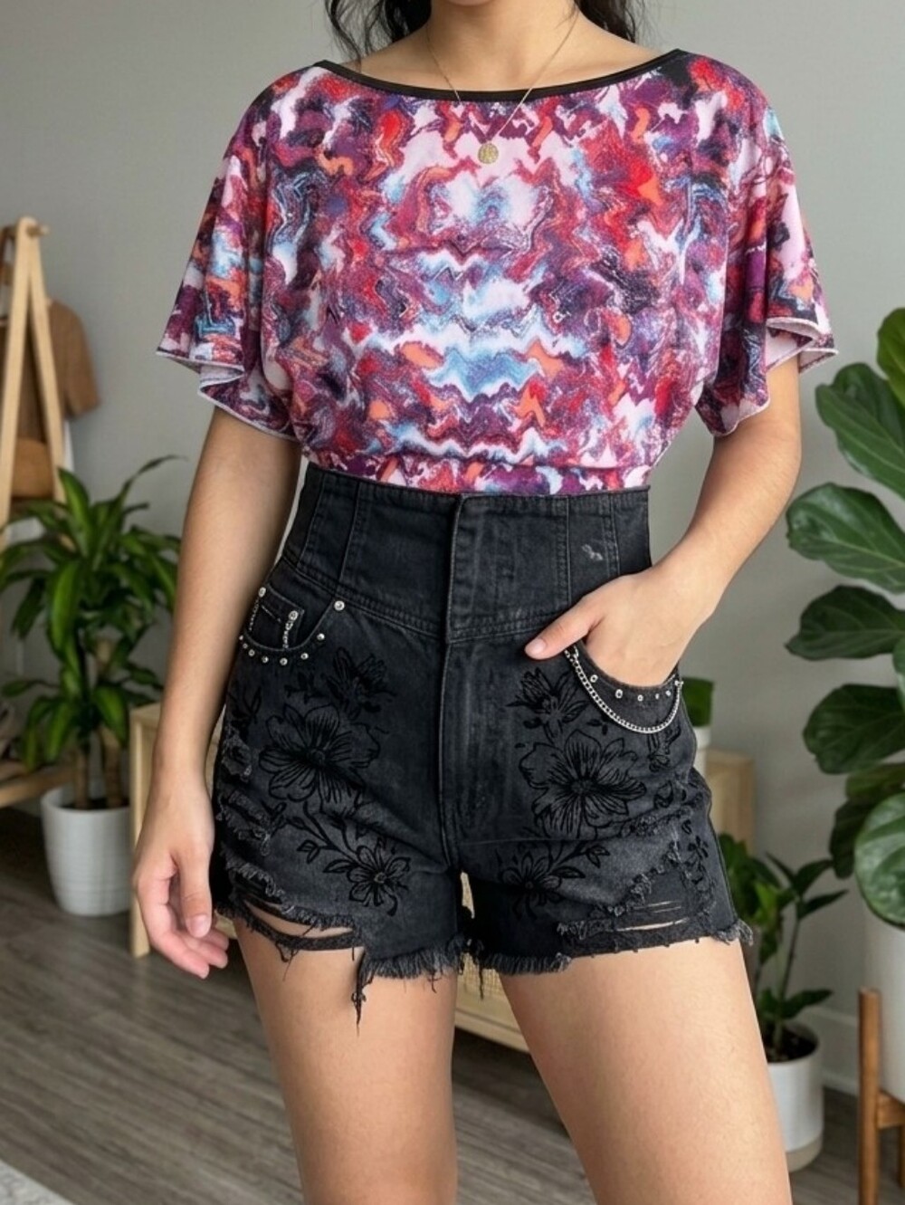 Unbranded Abstract Psychedelic Print Cropped Batwing Top